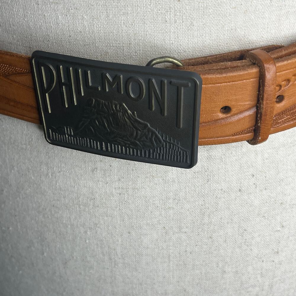 Vintage Philmont Scout Brass Buckle Waist 34 Tooled Leather Belt Ranch Cimarron - Picture 6 of 12